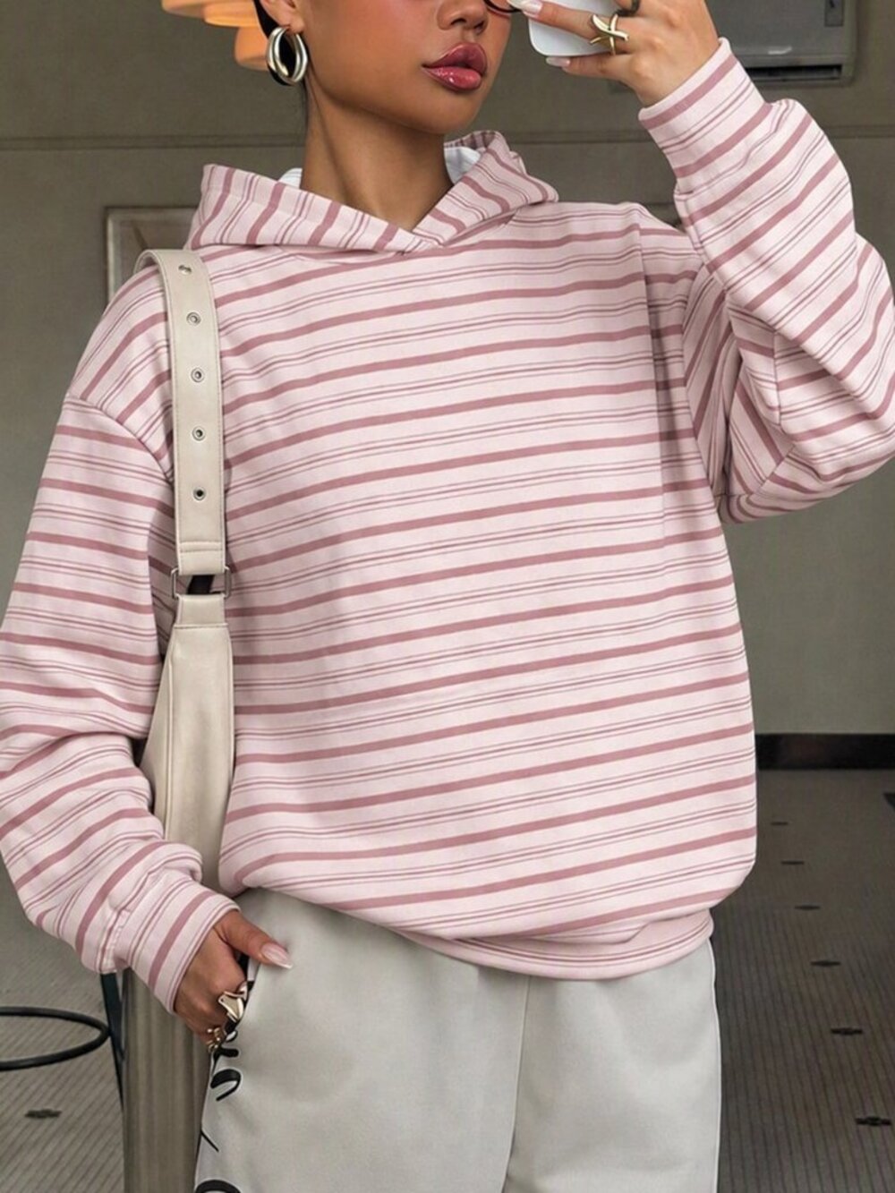 Multicolor Casual Women's Minimalist Striped Print Hooded Sweatshirt